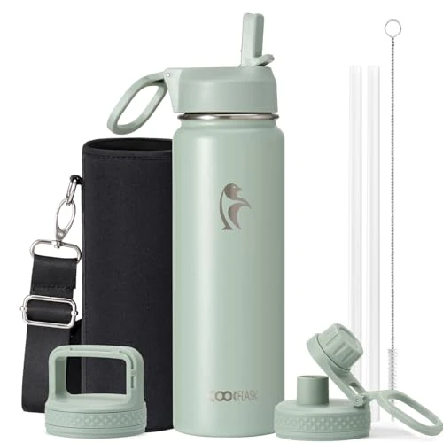 Tijdelijke aanbieding: Coolflask Waterfles, 680 ml, geïsoleerd met rietje, roestvrijstalen metalen waterfles met 3 doppen, brede mond voor sport of kantoor, BPA-vrij, houdt koud tot 48 uur of warm tot 24 uur, grijsgroen van 24.99 € naar 24.99 € (0.00% kor