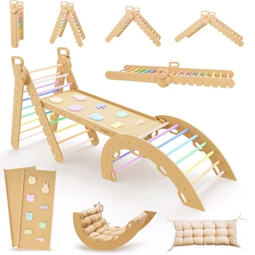 Zeitlich begrenztes Angebot: Duanico Großes 9in1 Kinder & Baby Kletterdreieck aus Holz, verstellbar in 5 Winkeln, Rutsche Wippe, Kletterbogen Kissen, Montessori Kletter Spielzeug für Kinder 1–7 Jahre, Klettergerüst Indoor von 149.99 € auf 149.99 € (0.00% 