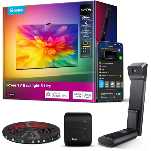 Limited-time offer: Govee TV Backlight 3 Lite with Fish-Eye Correction Function Sync to 32 Inch TVs, 1.8m RGBWIC Wi-Fi TV LED Backlight with Camera, 4 Colours in 1 Lamp Bead, Voice and APP Control, Adapter from 64.99 GBP to 64.99 GBP (save 0%)