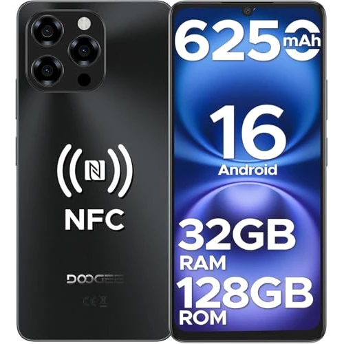 DOOGEE Note 58 Smartphone Android 16, 32 GB + 128 GB/2 TB TF Handy, 6,75 Zoll HD+ 90 Hz Bildschirm, 6250 mAh, 16 MP + 8 MP Handy, 4G Dual SIM/Octa Core/Widevine L1/NFC/OTG/Face ID/GPS, Schwarz