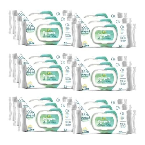 Offerta a tempo: Pampers Acqua Pura Salviette Umidificate per Neonati e Bimbi, 624 Unità (12 Confezioni), 99% Acqua e Cotone, 100% Fibre Vegetali, Pelli Delicate, Senza Profumi Aggiunti, 0% Plastica, Alcol e Parabeni - 10% da 38.75 € a 34.88 €