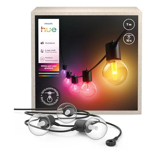 Philips Hue Guirlande lumineuse extérieure Festavia Globe, White & Color Ambiance, 10 ampoules, Guirlande LED 7M à intensité réglable, contrôlable via l’app Hue, compatible Alexa, Google et Apple Home
