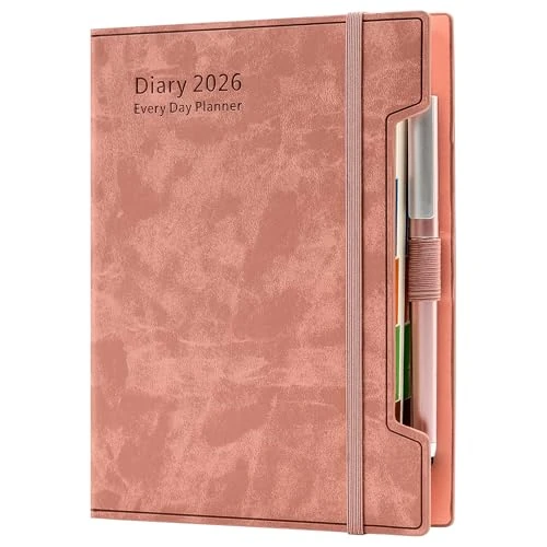 Academic Diary 2026 A5 Day Per Page, Daily Planner 2026,2026 Diary from Jan 2026 to Dec 2026,12 Months Agenda,Daily Diary with Hard Cover, Pen,Pen Loop, Stickers (Pink)