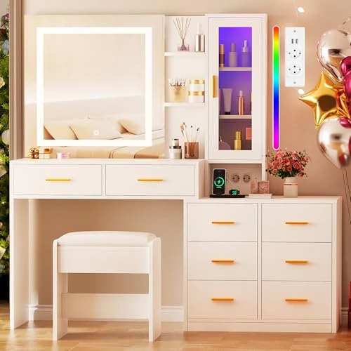 Oferta limitada: ANWBROAD Grande Tocador de Maquillaje con Luz LED y Enchufes 3 Colores Brillo Ajustable Tocador con Espejo y Taburete Mesa de Maquillaje con 8 Cajones 3 Estantes Abiertos para Dormitorio Blanco BDT77W de 169.99 EUR a 169.99 EUR (ahorro 0%)