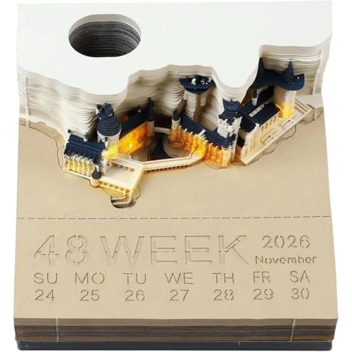 JOLIGAEA 3D-notitieblok, bureaukalender met verlichting, 2026 tafelkalender, notitieblok, creatieve tafelkalender, notities, papiersculptuur