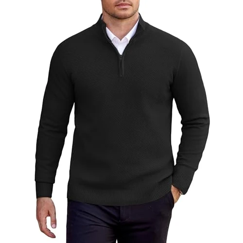 COOFANDY Pull Camionneur Homme Hiver Col Roulé Pulls Manches Longues Tricoté Chaud zippé Sweater Hommes avec Col Montant Noir M