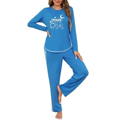 Terecey Pigiama Donna Inverno in Cotone Pigiama Lungo Stampato Leggero Pigiami a Maniche Lunghe e Pantaloni con Tasche Pigiami Due 2 Pezzi Morbido e Confortevole