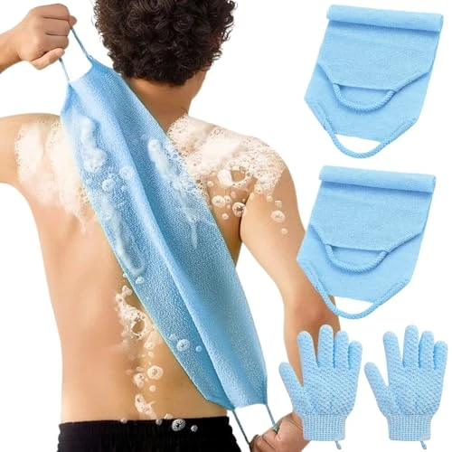 Offerta a tempo: LUFFLOK Set Guanto Scrub Corpo, 2 Guanti Esfolianti Corpo e 2 Spazzole Schiena Doccia, Spazzola Doccia Schiena e Guanto Esfoliante per Uso sul Corpo, il Viso, la Doccia e il Bagno (Blu) - 43% da 13.99 € a 7.99 €