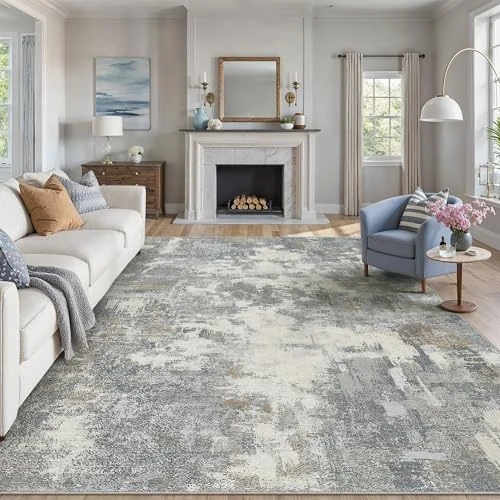 PureCozy Tapis moderne abstrait pour salon Extra grand 200x300cm Tapis antidérapant bleu-gris Tapis léger à poils courts Lavable pour le sol Chambre à coucher Salle à manger Chambre d'enfant Salon