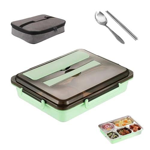 LWLWA 1500 ml pojemnik na kanapki metalowe, ze stali nierdzewnej, spersonalizowane pudełko na kanapki, z 5 przegródkami, z torbą na lunch i sztućcami, duże, swobodne pudełka na kanapki do domu, na