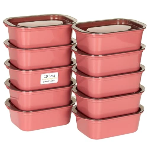 VINATO Frischhaltedosen mit Deckel 500ml (10er Set) - Gefrierdosen, Vorratsdosen, Lebensmittelbehälter aus BPA-freiem Kunststoff, stapelbar, mikrowellengeeignet - Rot