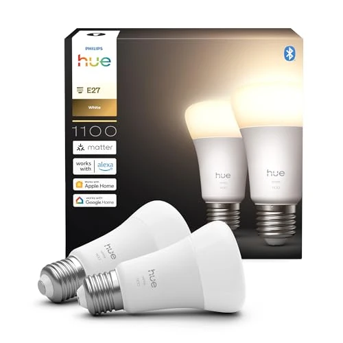 Offerta a tempo: Philips Hue Lampada Smart LED A60, luce bianca calda 2.700 K, E27 Base, 9,5 W, 1.100 lumen, intensità regolabile, compatibile con Alexa, Google Assistant e Apple Home, conf. da 2 - 15% da 34.99 € a 29.60 €