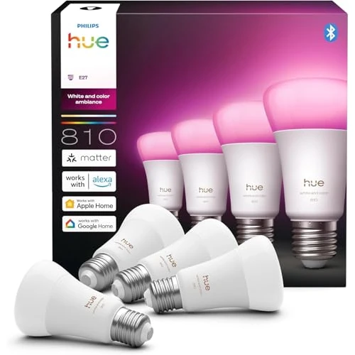 Offerta a tempo: Philips Hue LED A60, Lampadina smart E27, Confezione da 4 - 50% da 199.99 € a 99.99 €