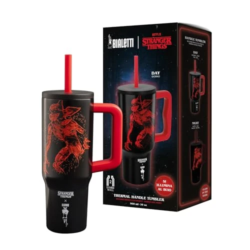 Zeitlich begrenztes Angebot: Bialetti Thermobecher mit Henkel Stranger Things, 900 ml – mit Strohhalmdeckel, leuchtet im Dunkeln, hält die Temperatur, nicht spülmaschinengeeignet, Rot von 34.90 € auf 29.83 € (15% Rabatt)