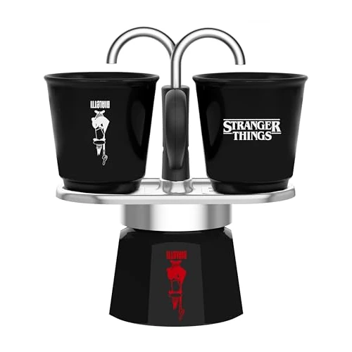 Bialetti Mini Express Stranger Things zestaw – zaparzacz do espresso na 2 filiżanki (130 ml), w zestawie 2 kubki ceramiczne, zmieniające kolor pod wpływem wysokiej temperatury, nie nadaje się do