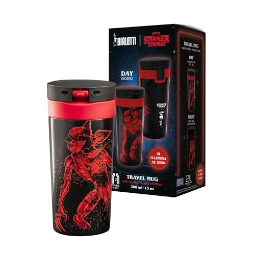 Bialetti Kubek termiczny Stranger Things, świecący w ciemności, idealny temperament, nie nadaje się do zmywarki, 380 ml