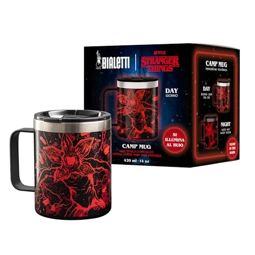 Bialetti Stranger Things Thermosbeker met handvat, licht op in het donker, temperatuurbestendig, vaatwasmachinebestendig, 420 ml