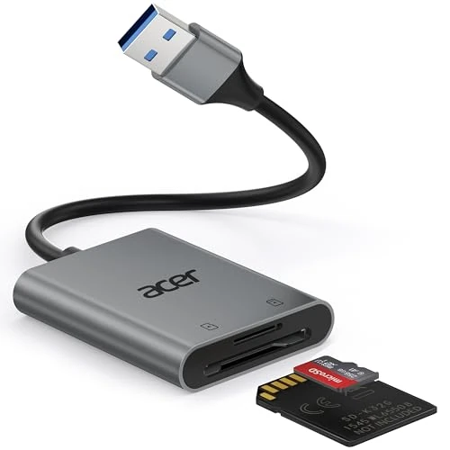 Acer Czytnik kart SD USB 3.0 z kablem, Aluminiowy czytnik kart pamięci UHS-I, USB-A Adapter micro SD Wysoka prędkość, do kart SDXC, micro SDHC, TF, RS-MMC, Komputer, PC, laptop, kamera szlakowa