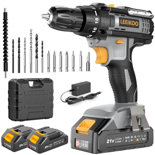 Oferta limitada: Taladro Atornillador Batería, LEEIKOO Atornillador Electrico 21V, 42N.m con 2 Baterías 2.0Ah, 18+1 Ajuste de Par, 2 Velocidad, LED Luz, 14 Accesorios Para Hogar, Bricolaje, Gris de 45.99 € a 45.99 € (ahorro 0.00%)