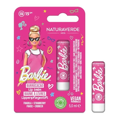 NATURAVERDE Kids -BARBIE balsam do ust truskawkowy 5 ml, nawilża i chroni usta, SPF 15, hipoalergiczny