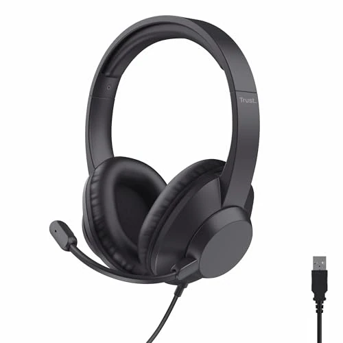 Trust Roha II MAX USB Auriculares con Micrófono PC Over Ear, Cable de 1,8 m, 85% Plástico Reciclado, Cascos USB-C per Oficina Ordenador Portátil Laptop Mac Zoom Teams, Negro