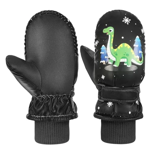 MoKo Toddler Winter Mittens, Warm Coral Fleece Gloves with Linking Buckles Waterproof Non-slip Ski Gloves for Girls Boys 5-10 Years Snow Mitten for Skiing Snowboarding Outdoor Activities, M, Black