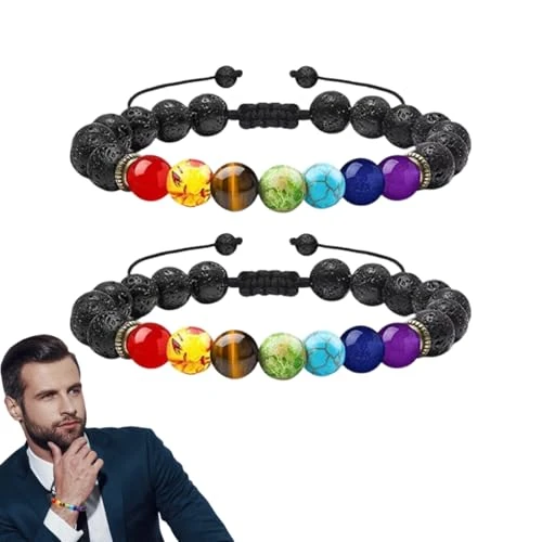 KEQAR 2 x Natural Lava Stones Elastic Bracelet for Women Chakra Yoga Bracelet