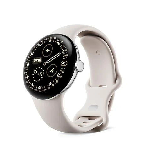 Google Pixel Watch 4 (41 mm) – Android-Smartwatch mit gewölbtem Display und Fitness-Tracking und Unterstützung von Gemini – Aluminiumgehäuse in Polished Silver – Sportarmband in Porcelain – LTE