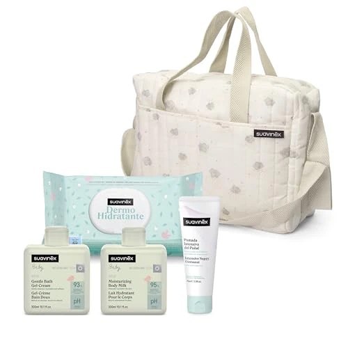 Suavinex, Luiertas voor baby's met cosmetica: zachte wasgel 300 ml + hydraterende melk 300 ml + wisselcrème 75 ml + doekjes 60 stuks. Cadeau voor geboorte, meisjes en jongens, mand voor pasgeborenen