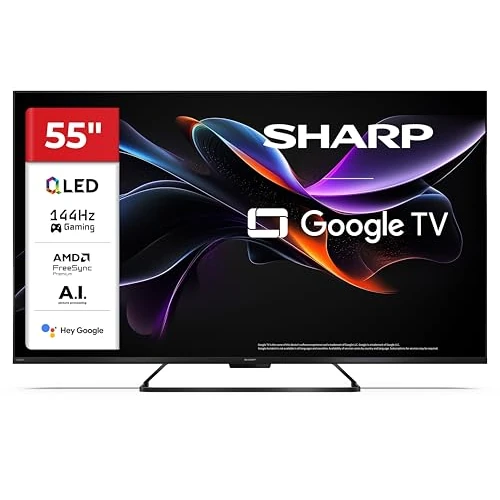 Sharp 55HR7365E - Google TV, 55" UHD, Frameless, 144Hz, QLED, HDR10, Dolby Vision HDR, Google Assistant con microfono, Chromecast, Bluetooth, Dolby Atmos 2x12W, HDMI 2.1 x4, USBx2, Color Negro