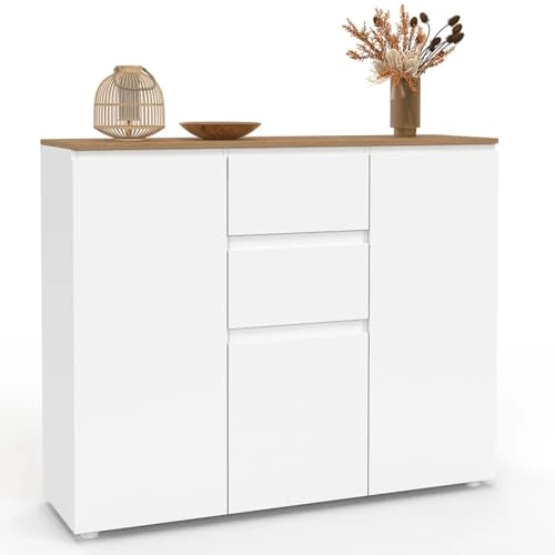 Oferta limitada: IDMarket - Aparador de 100 cm Toby 3 puertas 2 cajones blanco y bandeja madera de 99.99 EUR a 79.99 EUR (ahorro 20%)