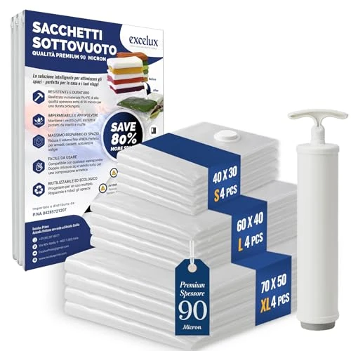 Excelux Bolsas al vacío Premium, juego de bolsas ahorradoras de espacio con doble cremallera, impermeables, reutilizables, ahorro de espacio 80% (Combo 2 (4S + 4M + 4L + 1PUMP))