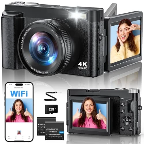 Offre limitee: Appareil Photo numérique 4K 64 Mpx Vidéo Full HD avec WiFi, Zoom numérique 16x autofocus, écran LCD 7,6cm, écran inversible 180° pour vlogging/Selfie, Carte 32GB, 2 Batteries – idéal pour débutants de 109.99 EUR a 79.41 EUR (economie 28%)
