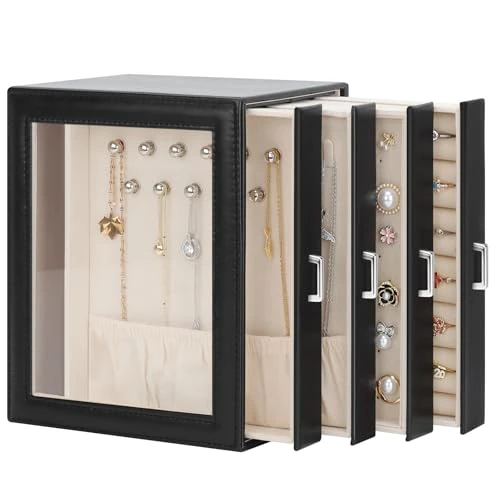 Limited offer: DesignSter Jewellery Box Organiser, Jewellery Box for Women, PU Jewellery Organiser Display Case with 4 Side Drawers, Jewellery Storage for Earring Necklace Ring Bracelet Watch, Black from 22.99 EUR to 18.39 EUR (save 20%)