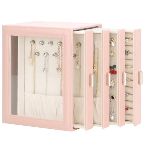 DesignSter Sieradendoosje, organizer, sieradendoos voor dames, PU sieradenorganizer, vitrine met 4 zijladen, sieradenopslag voor oorbellen, halskettingen, ringen, armbanden, horloge, roze