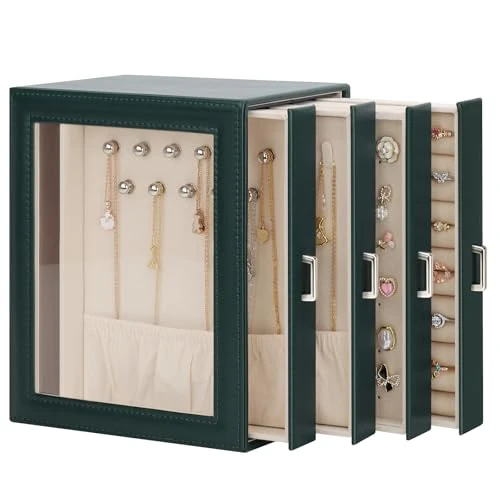 Limited offer: DesignSter Jewellery Box Organiser, Jewellery Box for Women, PU Jewellery Organiser Display Case with 4 Side Drawers, Jewellery Storage for Earring Necklace Ring Bracelet Watch, Dark green from 28.99 EUR to 22.39 EUR (save 23%)