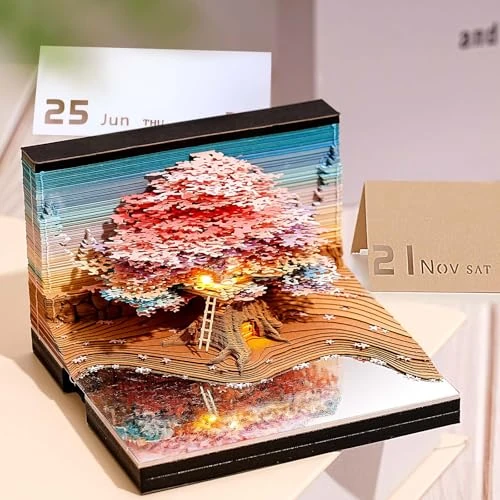 Auniq 3D Desk Calendar 2026 Memo Pad with Light, 2026 Time Piece Calendar 3D Tree House Life Calendar Notepad DIY Paper Carving Art Craft Gift for Christmas New Year Office/School Desktop Decoration
