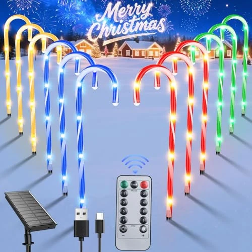 Offerta a tempo: Qoosea Confezione da 12 Luci Solari Bastoncini di Zucchero per Esterno Luci da Percorso con 72 LED 8 Modalità Illuminazione Telecomando Picchetti Solari Impermeabili per Giardino Decorazione Natalizia - 49% da 26.59 € a 13.59 €
