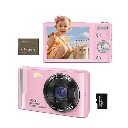 Limitiertes Angebot: Digitalkamera 4K 50MP Autofokus Kamera Fotokamera 32GB SD-Karte, Kompaktkamera mit 2,8" HUD Bildschirm, 16X Digitalzoom, 1 Akku für Kinder Teenager Student Anfänger, Rosa von 50.39 EUR auf 39.99 EUR (Spare 21%)