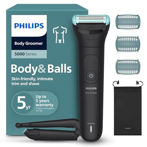 Philips Bodygroom series 5000 - Rifinitore per uomo tripla protezione, Rifinitura e rasatura intima, Accessorio per la schiena pieghevole, Impermeabile 100%, 100 minuti di autonomia, Modello BG5480/15