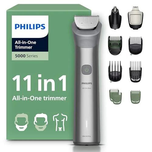 Philips Rifinitore All-in-one Multigroom Serie 5000 11 in 1 - Rifinitore per barba, capelli e corpo, lame autoaffilanti interamente in metallo, 17 impostazioni di lunghezza (0,5-16 mm), MG5951/15