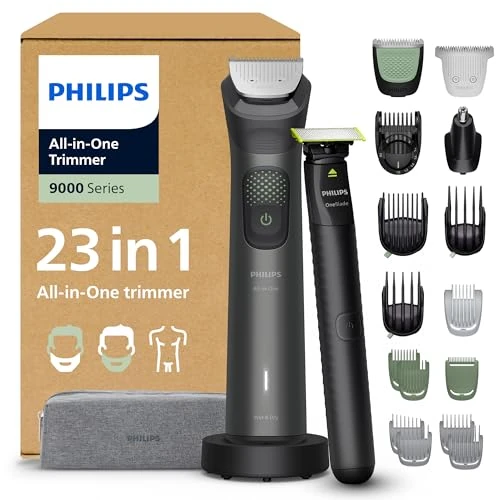 Begrenztes Angebot: PHILIPS Multigroom Series 9000 All-in-One 23-teiliger Barttrimmer, Haarschneider, und OneBlade-Trimmer – Komplettes Pflegeset für Gesicht, Kopf und Körper, 27 Längeneinstellungen (0,2–20mm), MG9561/30 von 149.99 EUR auf 79.99 EUR (Rabatt 47%)
