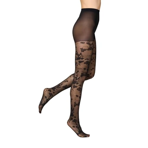 Goldenpoint Mujer Medias Veladas Efecto Encaje con Dibujos Florales, Negro , M