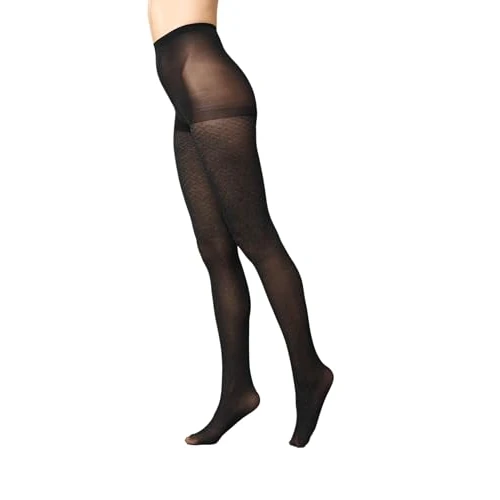 Goldenpoint Damen blickdichte Strumpfhose mit Rautenmuster mit Lamé mit Komfortnähten und hygienischem Zwickel, Schwarz , L
