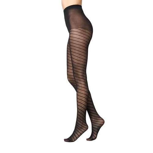 Goldenpoint Medias de fantasía para mujer con rayas oblicuas con lamé 30 denier Made in Italy, Negro , M