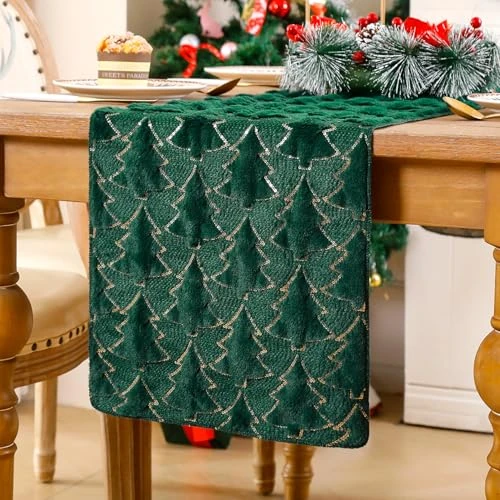 Tischläufer Weihnachten Grün Abwaschbar 33 x 183 cm Weihnachtliche Tischläufer Modern Weihnachtsbaum Gold Jacquard Winter Weihnachtsdeko Landhausstil Tischdeko für Kommode Party Deko