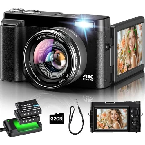 Limited-time offer: Digital Camera 4K, 48MP 16X Autofocus Digital Zoom Photo Camera, 3 Inch 180° Flip LCD Screen Compact Vlogging Photography Camera with Charging Station, 2 Batteries, 32GB Card for Children, Beginners from 99.99 GBP to 71.99 GBP (save 28%)