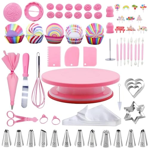 Offerta a tempo: Vlecexs Set Pasticceria 255 Pezzi, Kit Pasticceria Professionale con Piattaforma Girevole, Ugelli in Acciaio Inox, Spatole e sac à Poche in Silicone, Perfetto per Pasticceria e Cake Design - 70% da 23.00 € a 6.99 €