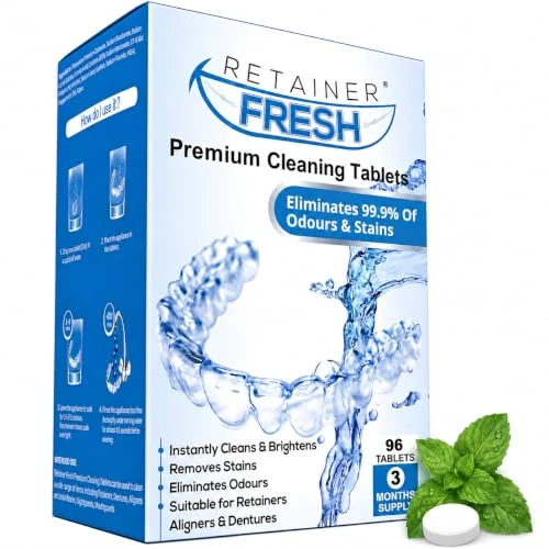 Offerta a tempo: Retainer Fresh Pastiglie pulenti, 96 compresse, 3 mesi, per la pulizia di fermi, paradenti, protesi dentarie, allineatori, pastiglie di fissaggio Brite - 6% da 15.99 € a 14.99 €