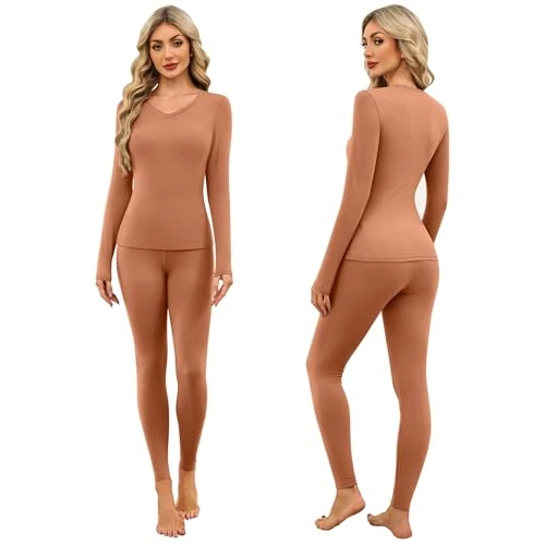 Ekouaer Women's Thermal Underwear Winter Clothing Thermal Jersey & Leggings Slim Thermal V Neck Full Thermal S-XXL, brown, L